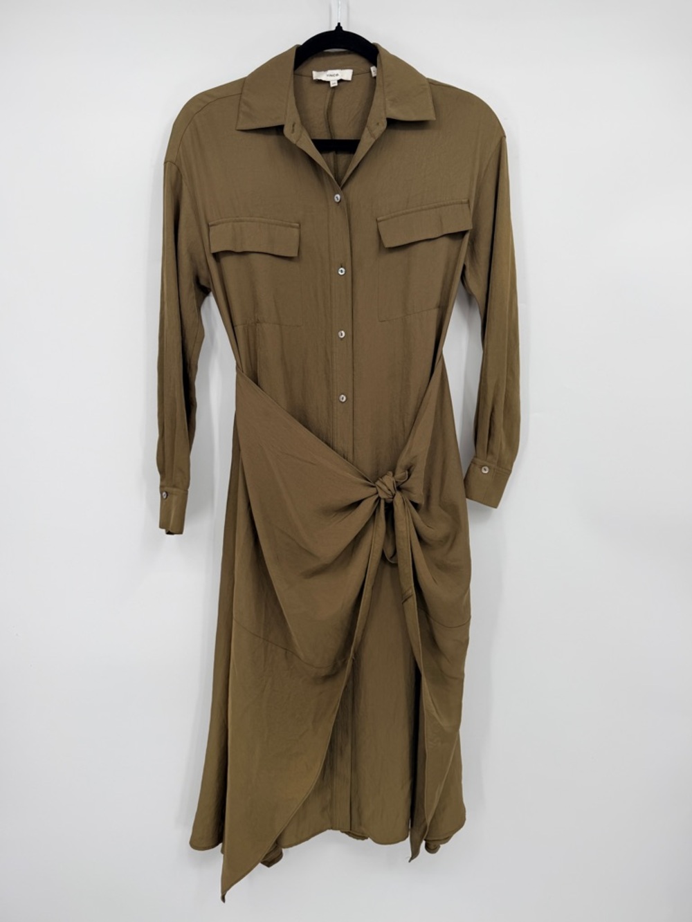 Vince Wrap Shirt Dress Olive Taupe Tie Waist Minimalist Luxury XXS - Picture 2 of 7